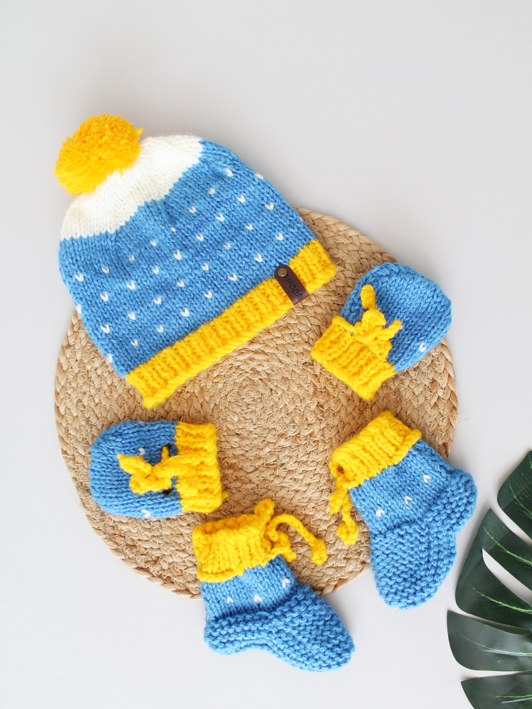 Woonie Handknitted Pom-Pom Cap with Matching Mittens and Socks Set