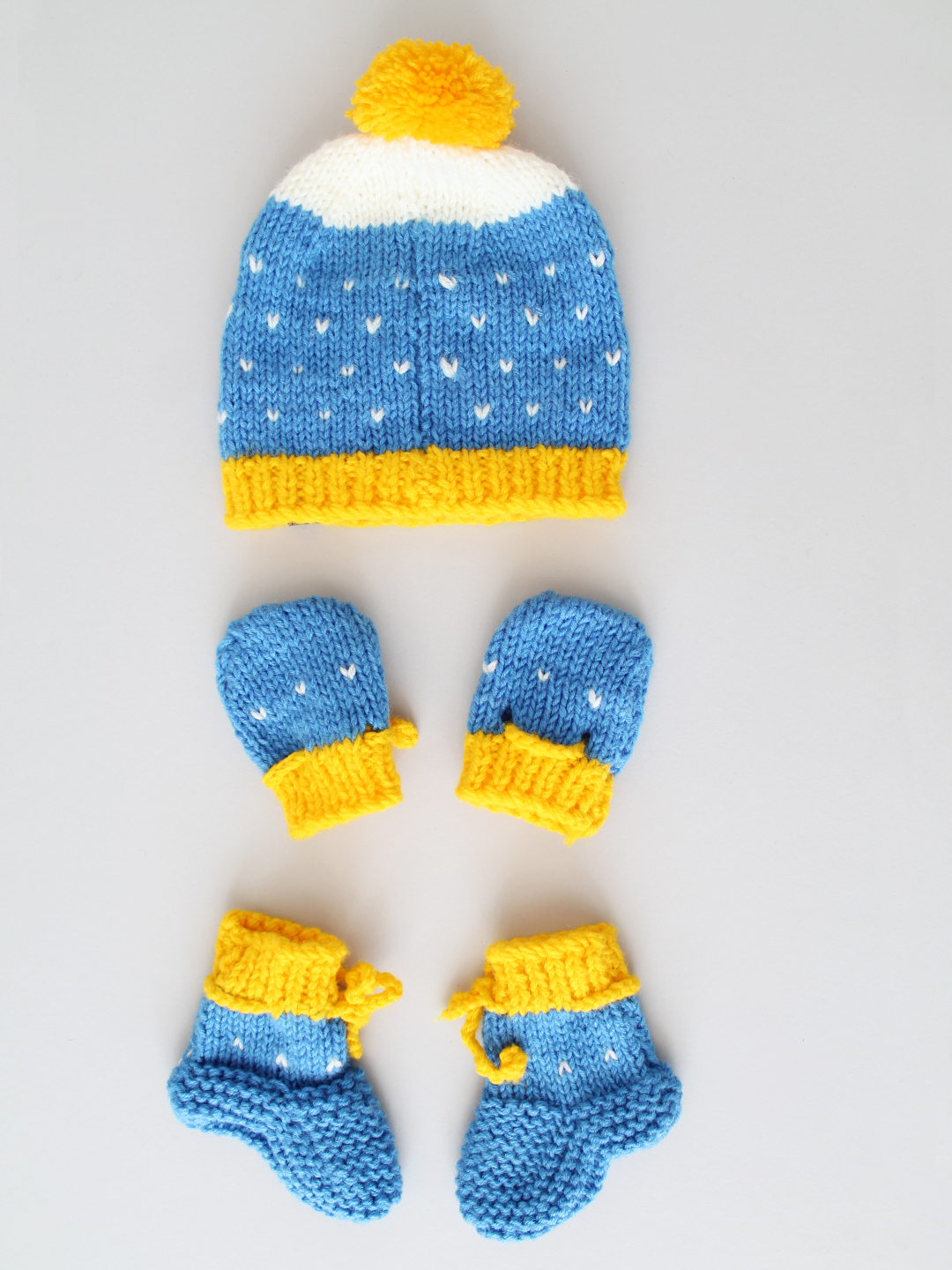 Woonie Handknitted Pom-Pom Cap with Matching Mittens and Socks Set