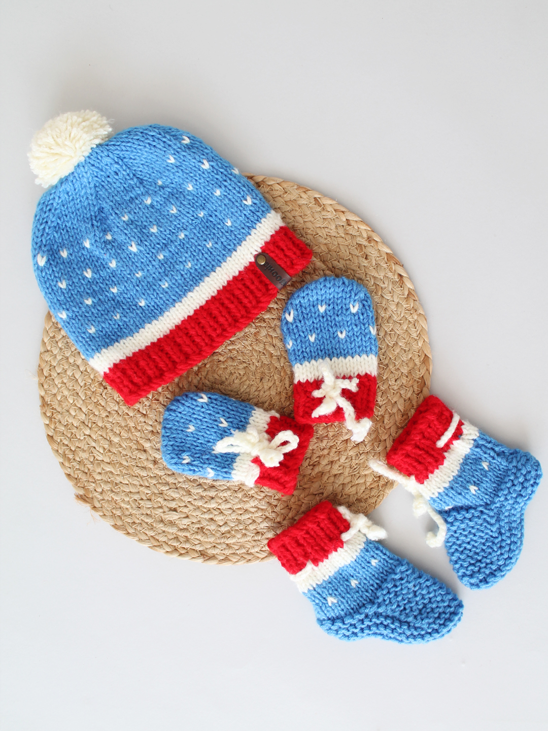 Woonie Handknitted Pom-Pom Blue Cap with Matching Mittens and Socks Set