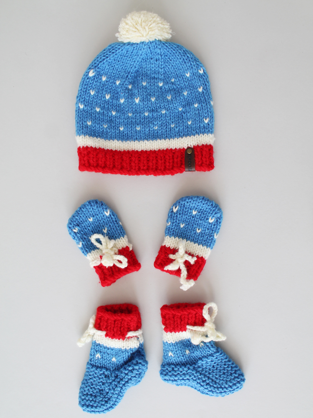 Woonie Handknitted Pom-Pom Blue Cap with Matching Mittens and Socks Set