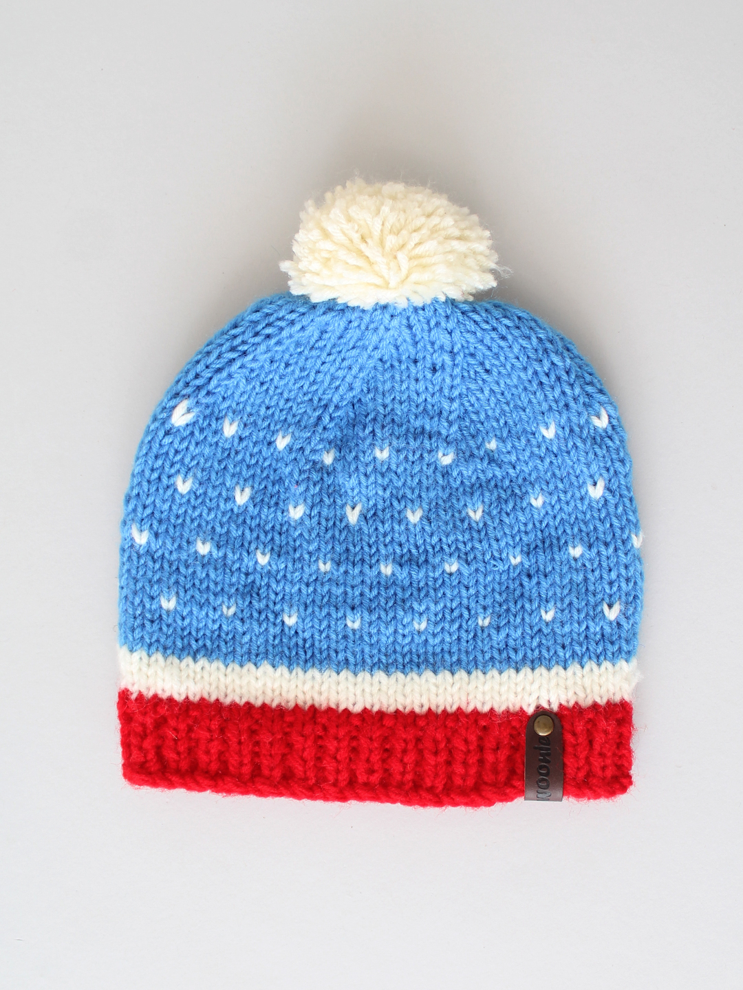 Woonie Handknitted Pom-Pom Blue Cap with Matching Mittens and Socks Set
