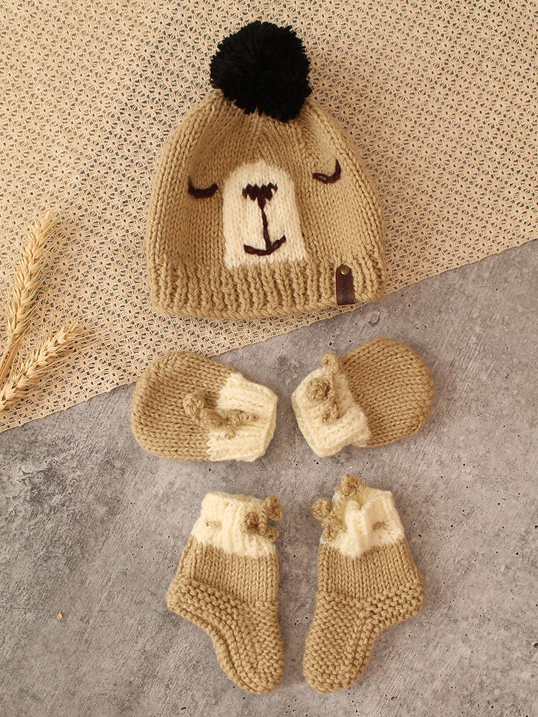 Woonie Handknitted Sleeping Bear Cap Mittens and Socks Set - Beige
