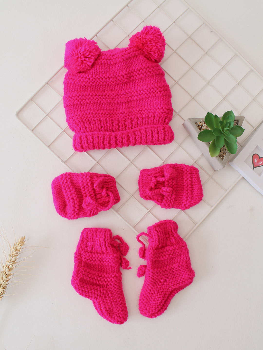 Woonie Handknitted Striped Cap Mittens and Socks Set - Pink