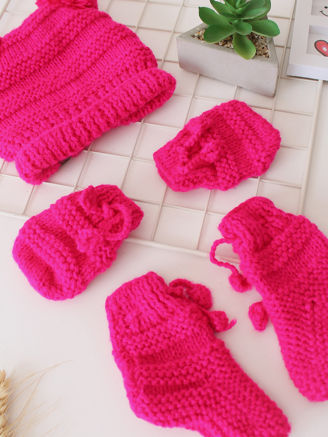 Woonie Handknitted Striped Cap Mittens and Socks Set - Pink