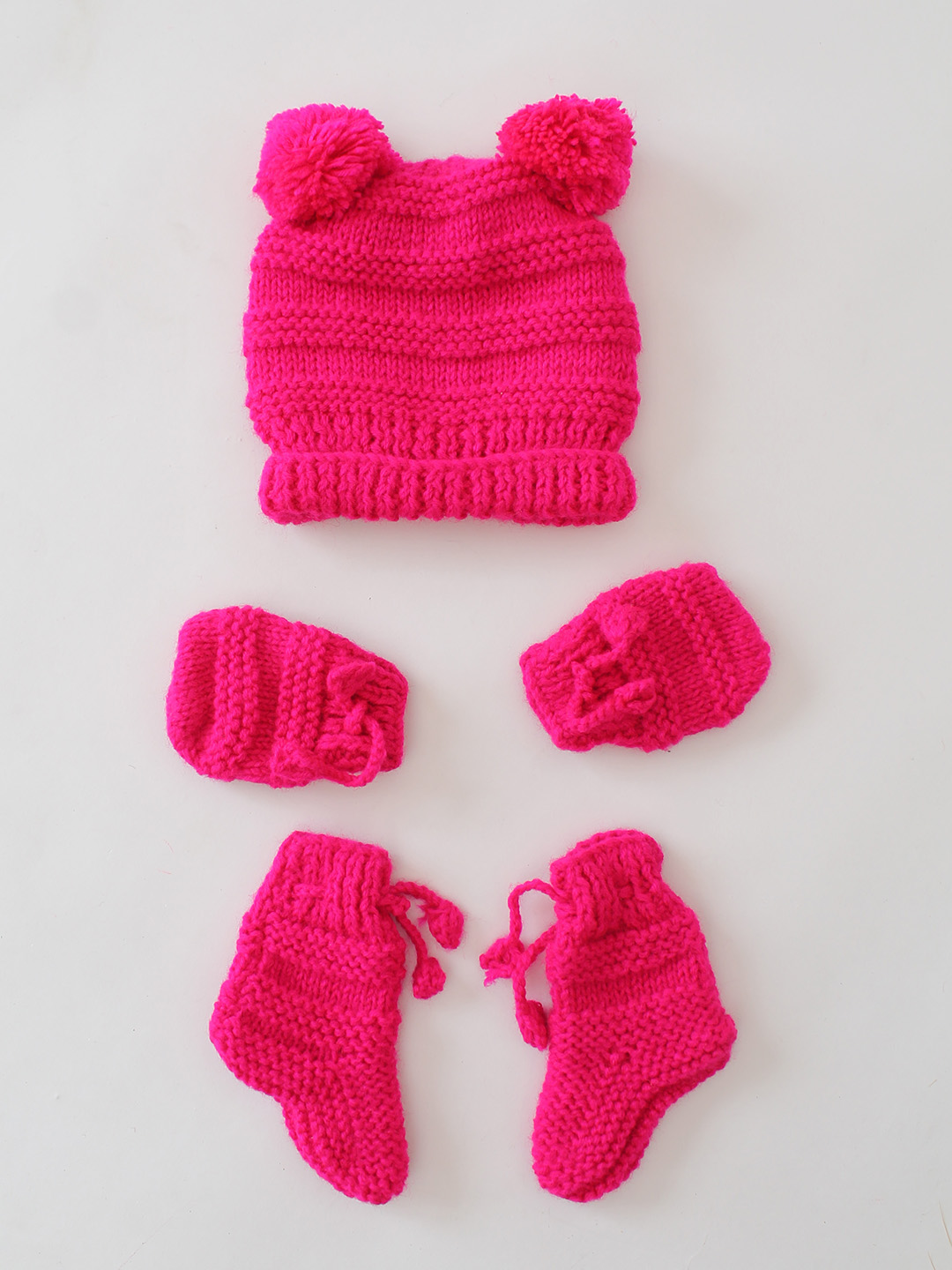 Woonie Handknitted Striped Cap Mittens and Socks Set - Pink