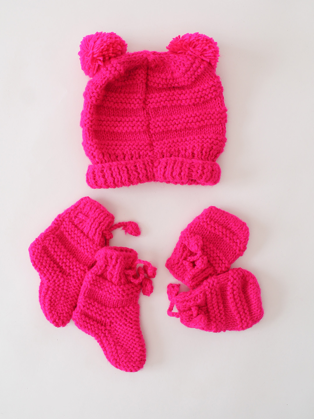 Woonie Handknitted Striped Cap Mittens and Socks Set - Pink