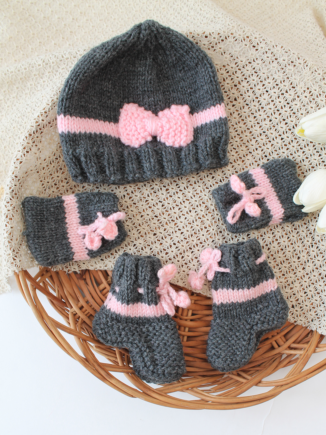 Woonie Handknitted Bow Cap Mittens and Socks Set - Grey