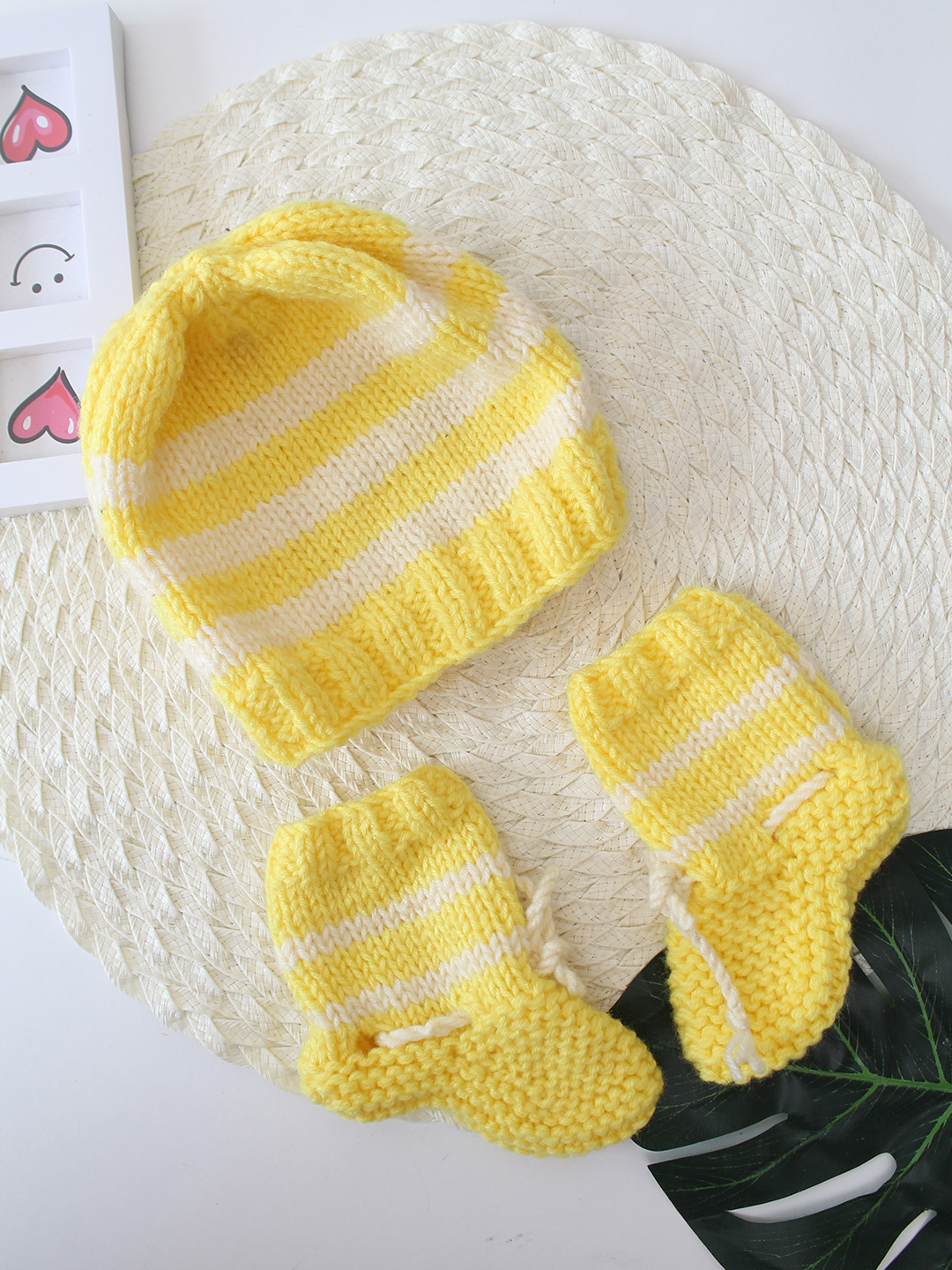 Woonie Handknitted Striped Cap Mittens and Socks Set - Yellow