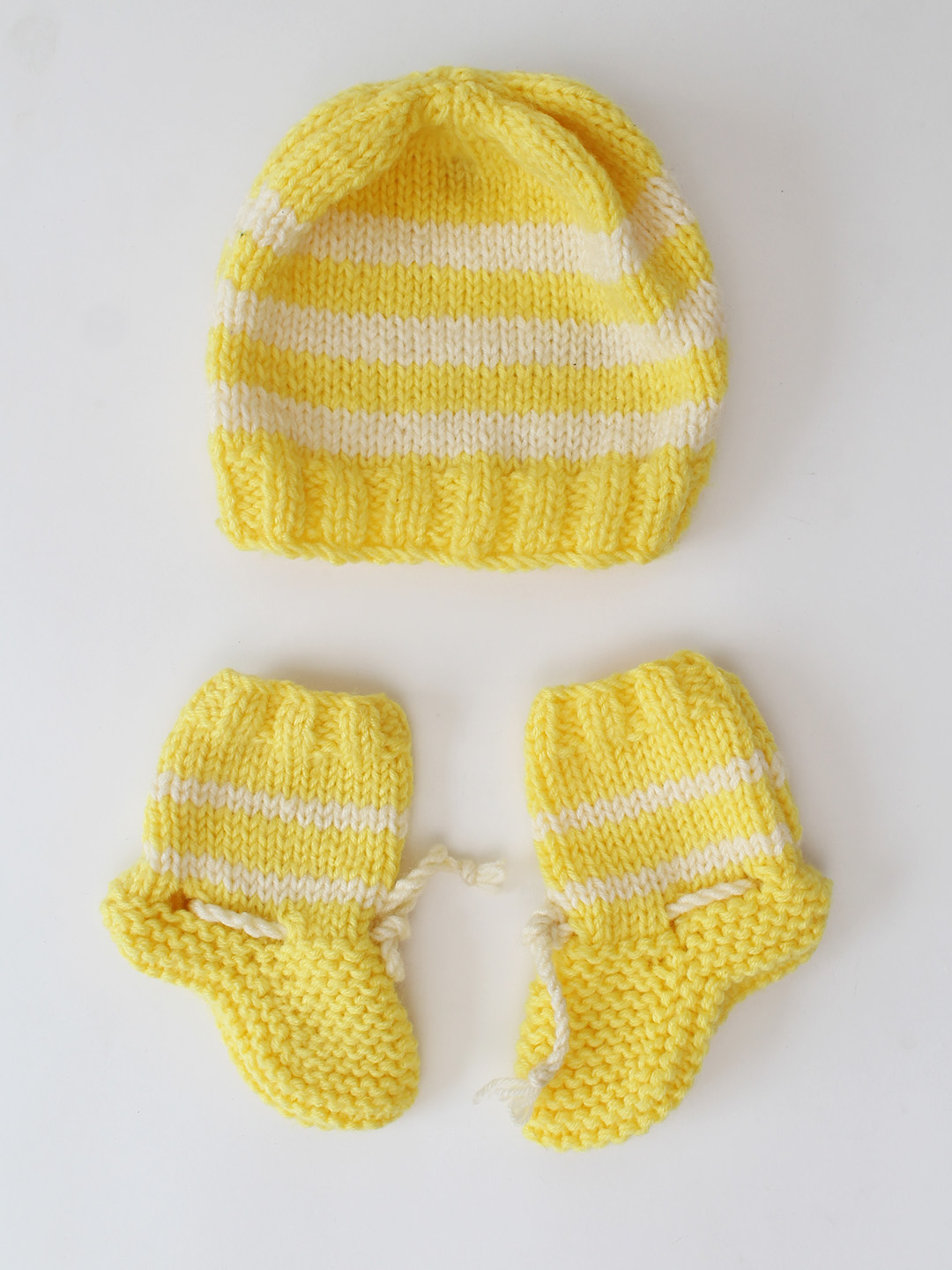 Woonie Handknitted Striped Cap Mittens and Socks Set - Yellow