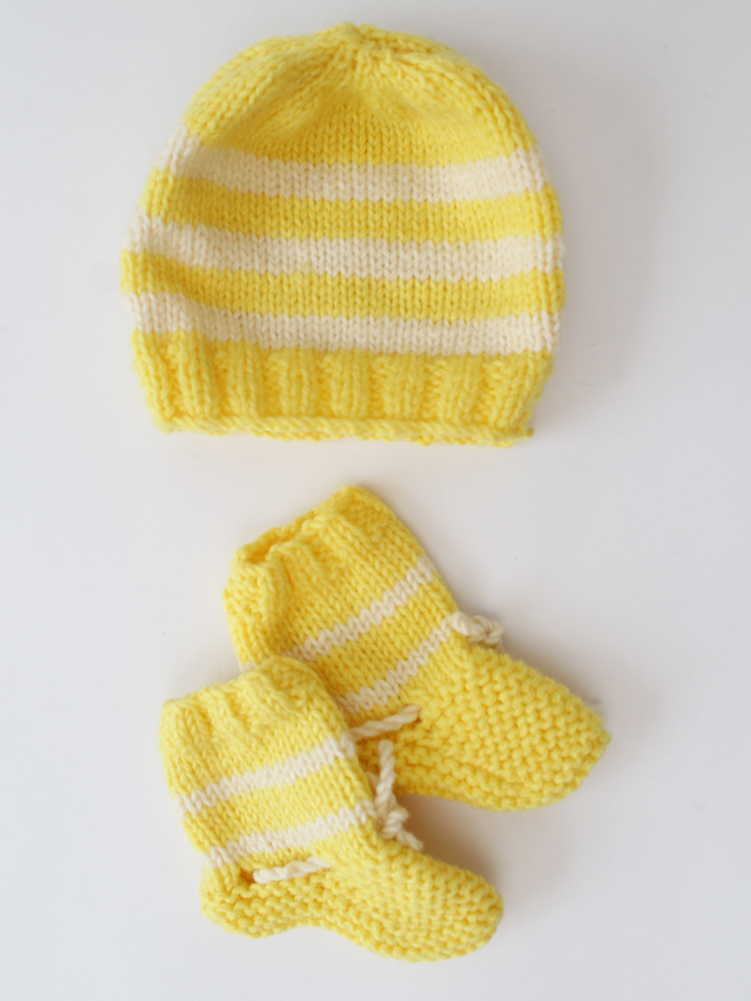 Woonie Handknitted Striped Cap Mittens and Socks Set - Yellow