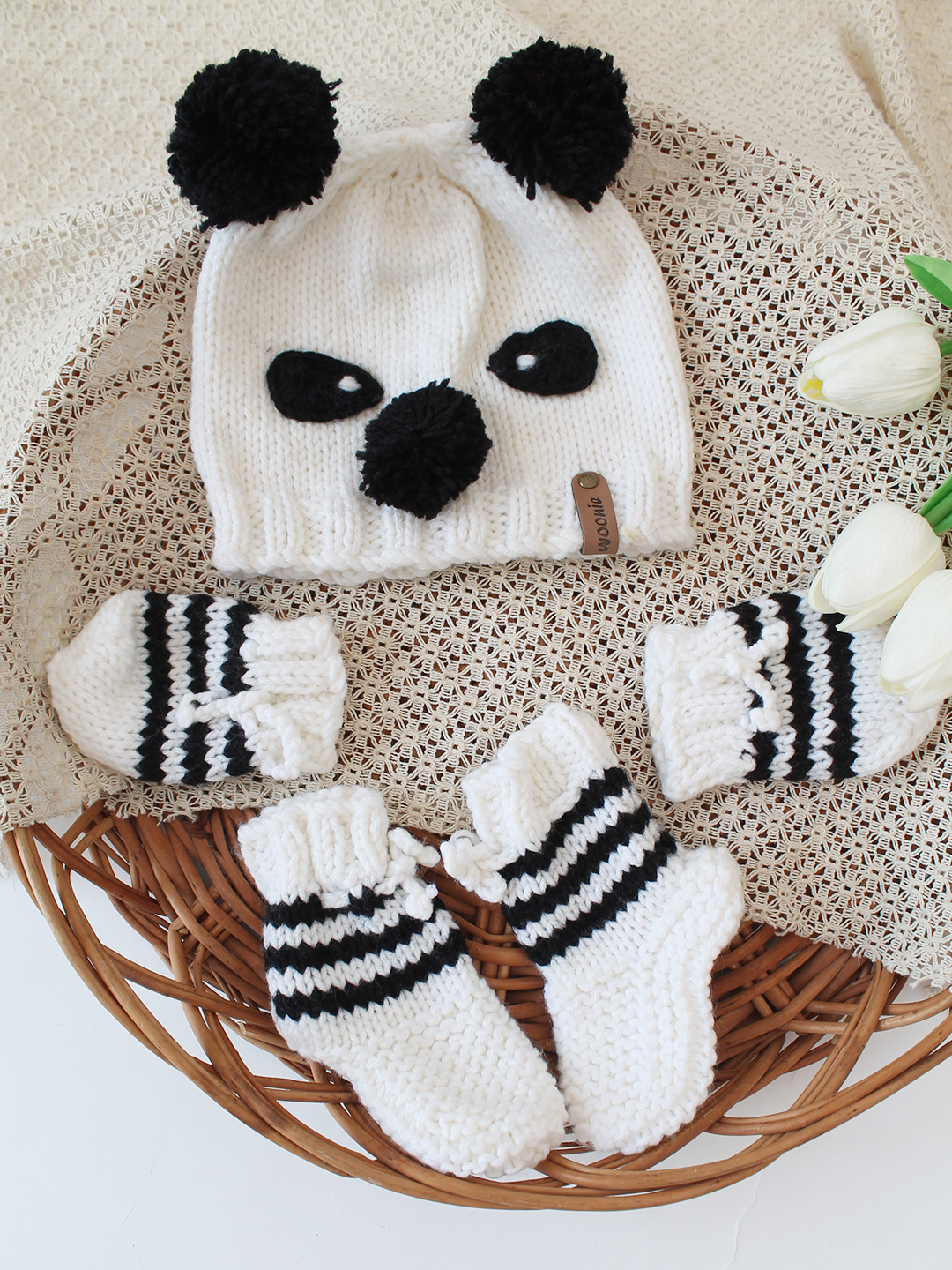 Woonie Handknitted Panda Cap Mittens and Socks Set - White