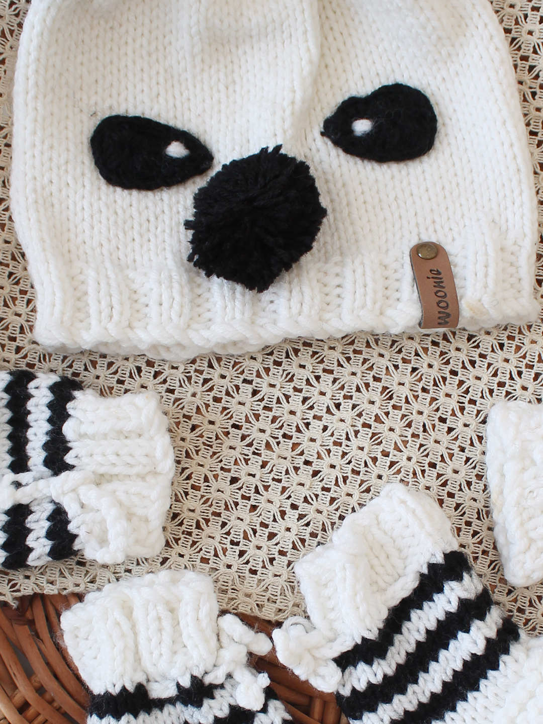 Woonie Handknitted Panda Cap Mittens and Socks Set - White