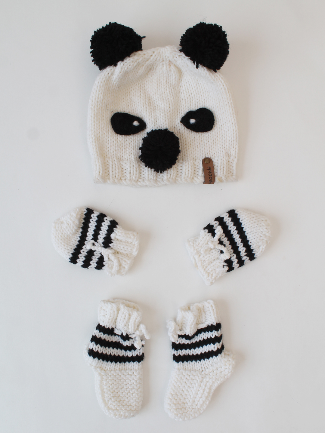 Woonie Handknitted Panda Cap Mittens and Socks Set - White