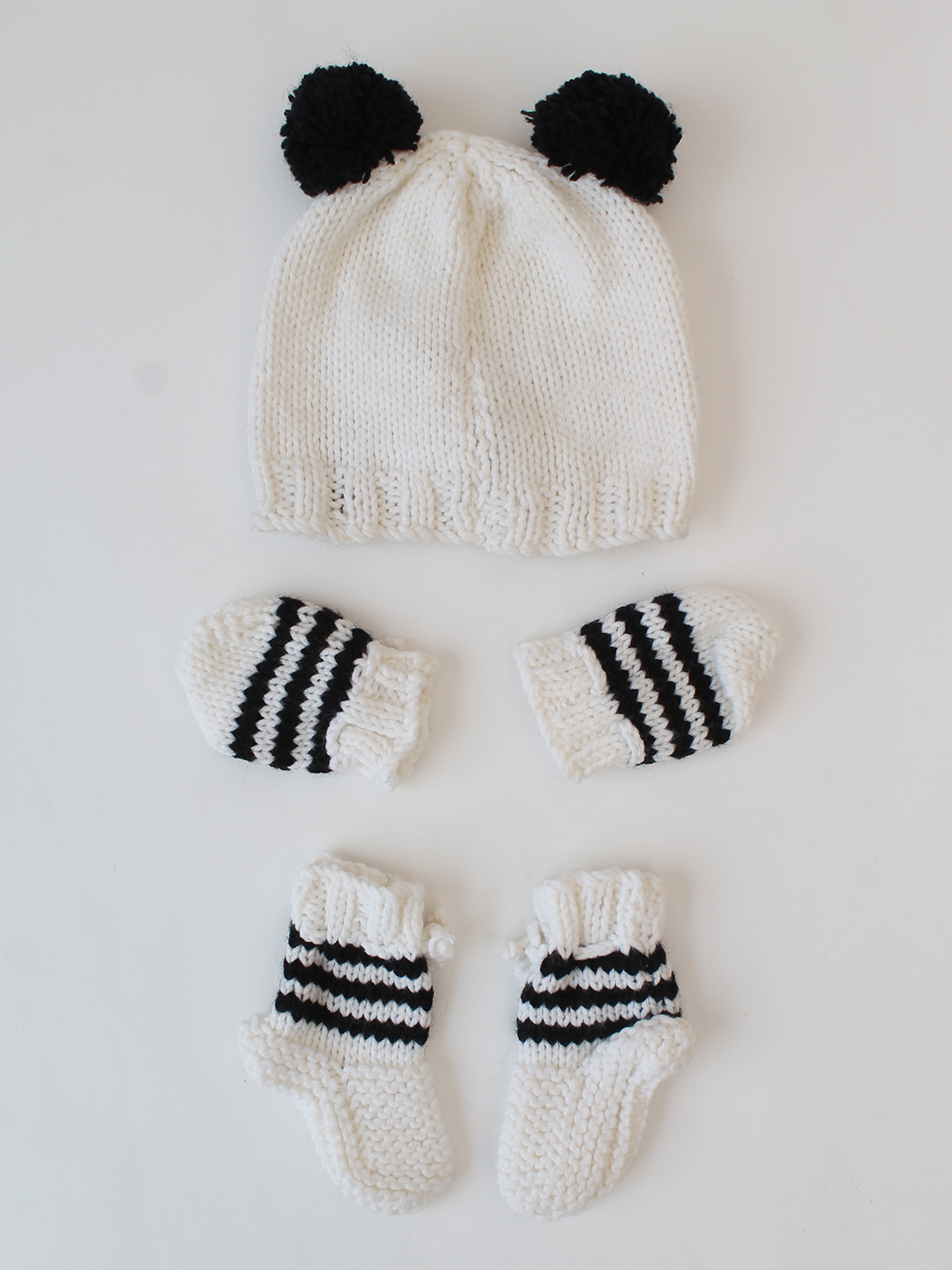 Woonie Handknitted Panda Cap Mittens and Socks Set - White