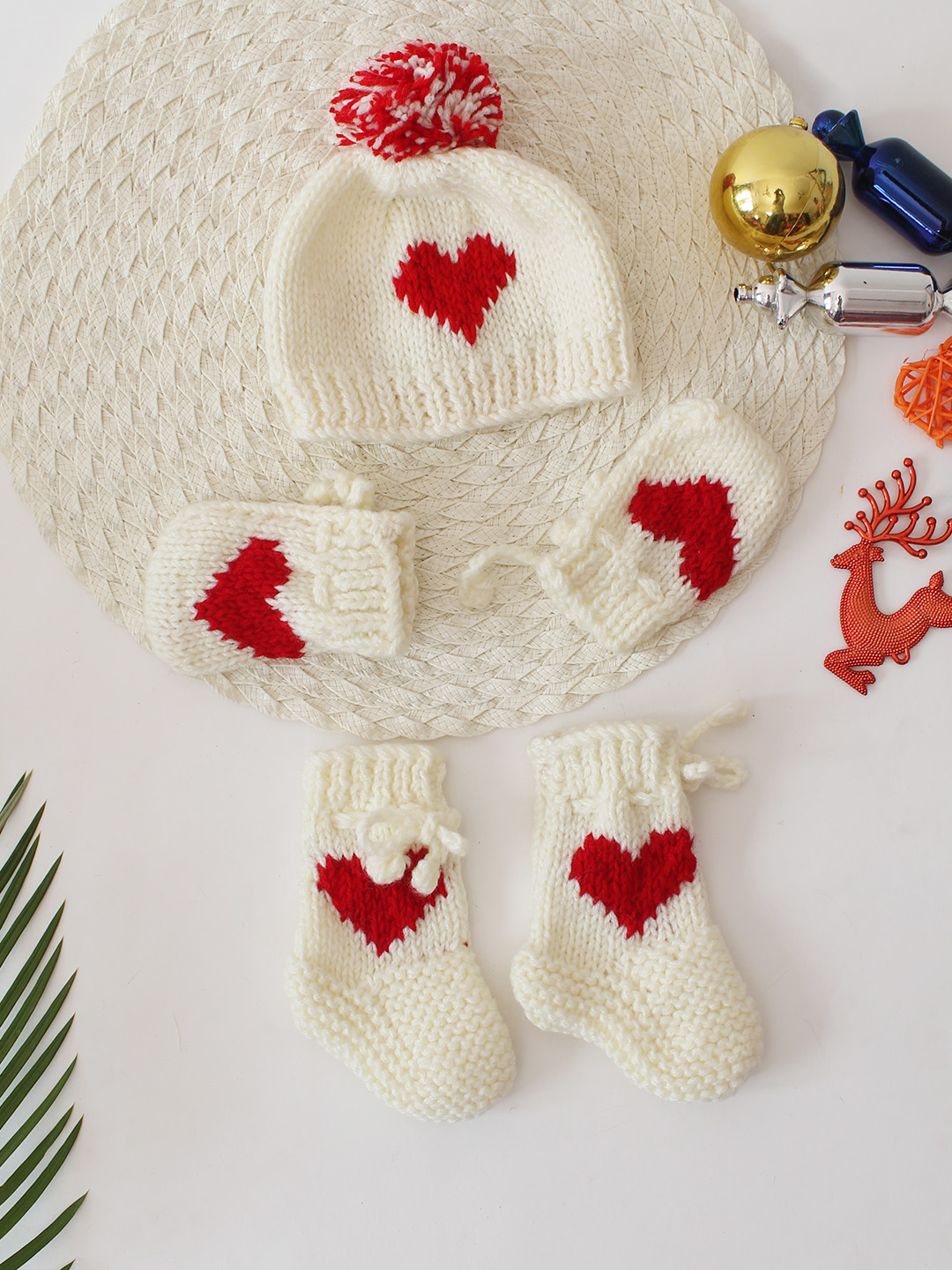 Heart Design Cap with Matching Mittens and Socks Set - Cream