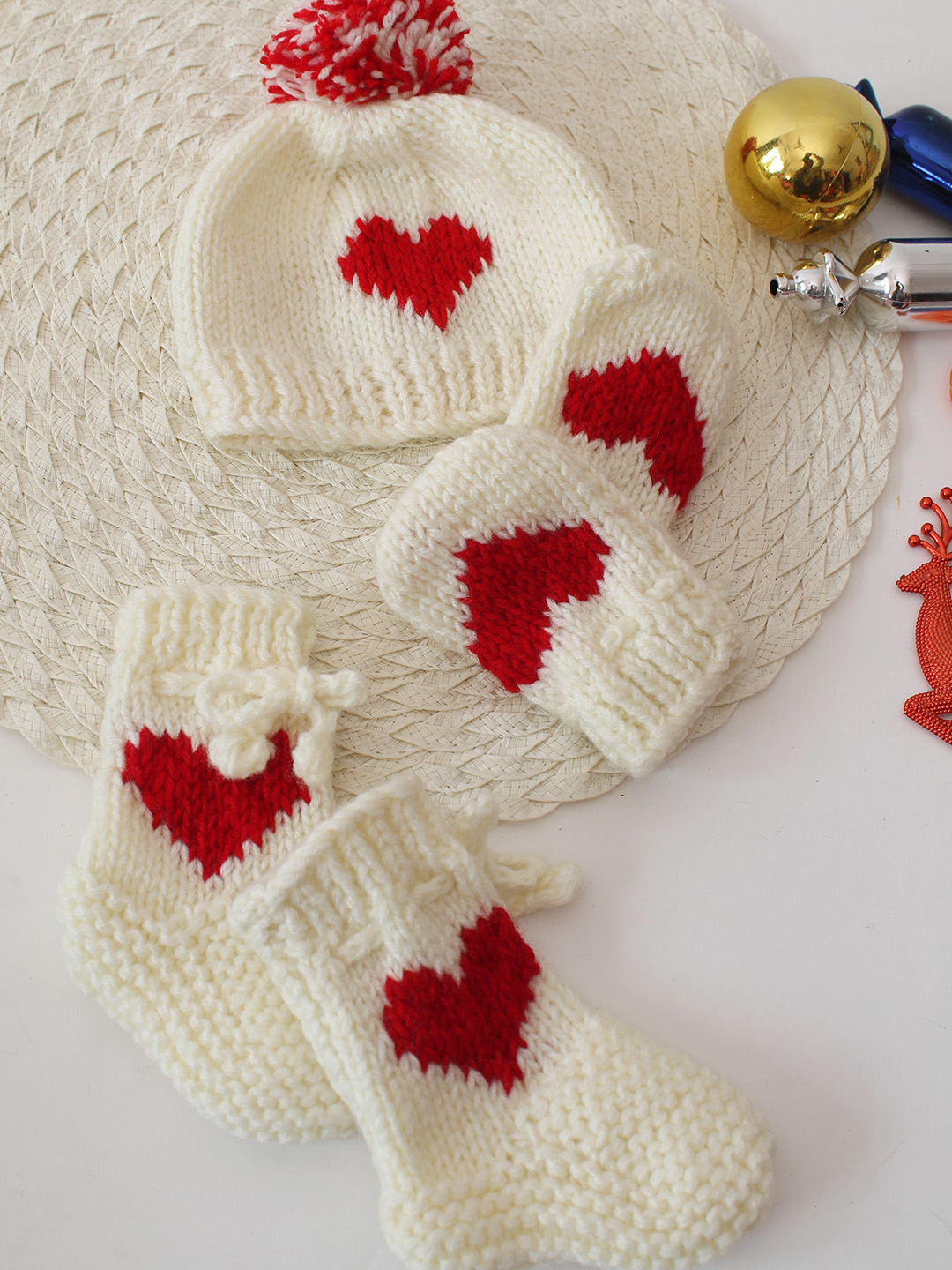 Heart Design Cap with Matching Mittens and Socks Set - Cream