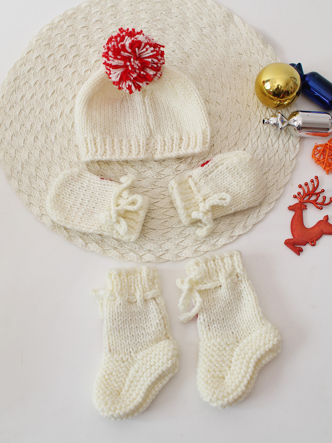 Heart Design Cap with Matching Mittens and Socks Set - Cream