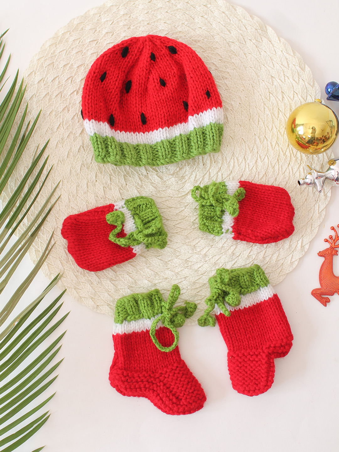 Watermelon Cap with Matching Mittens and Socks Set - Red