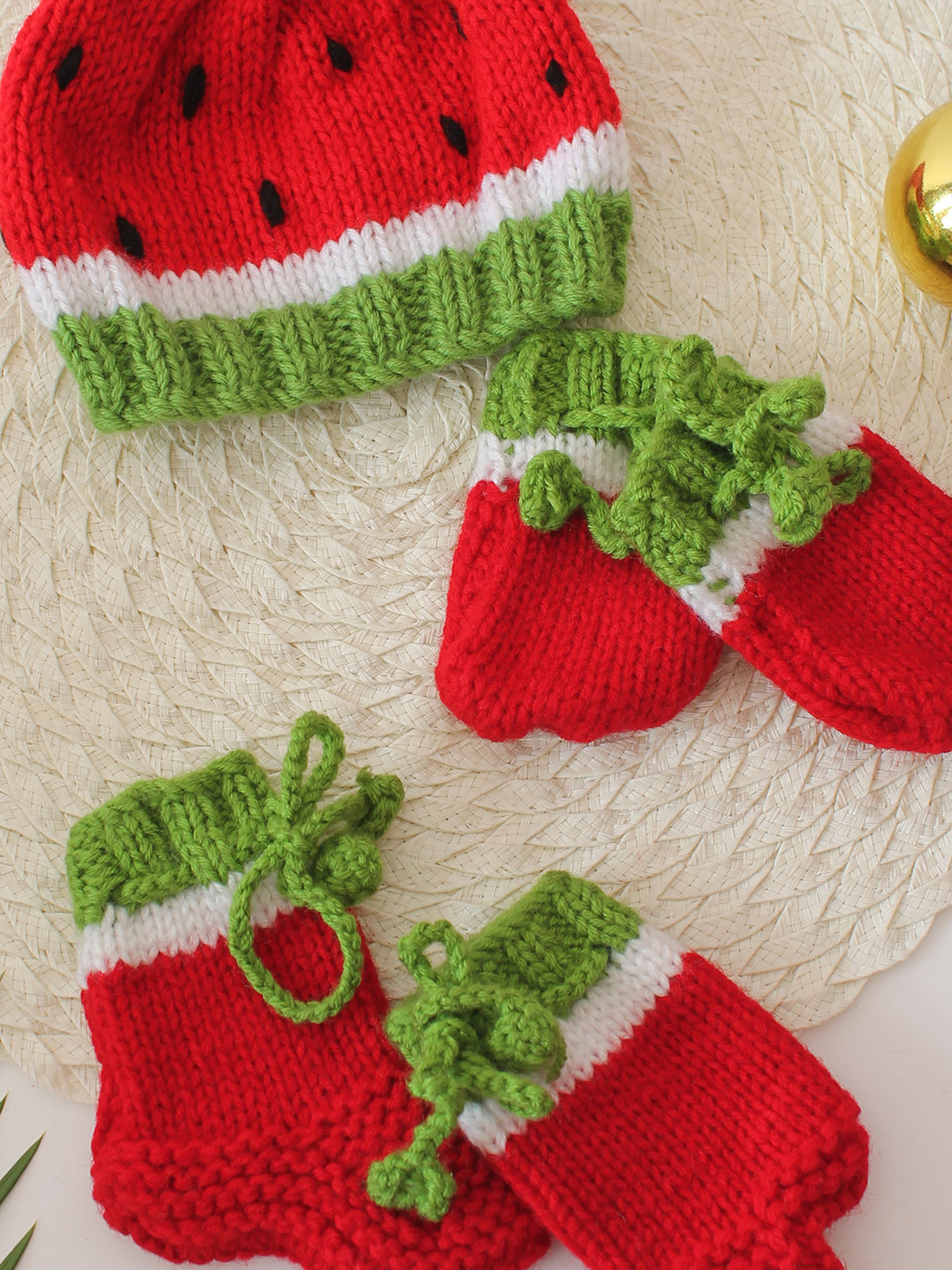 Watermelon Cap with Matching Mittens and Socks Set - Red