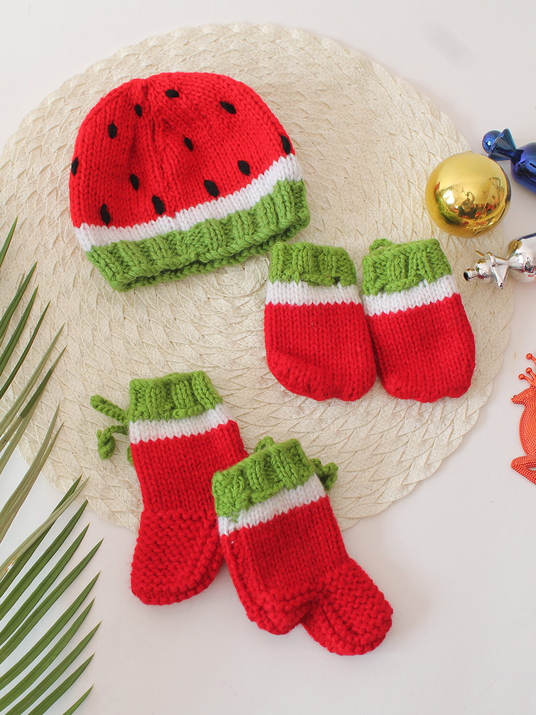 Watermelon Cap with Matching Mittens and Socks Set - Red