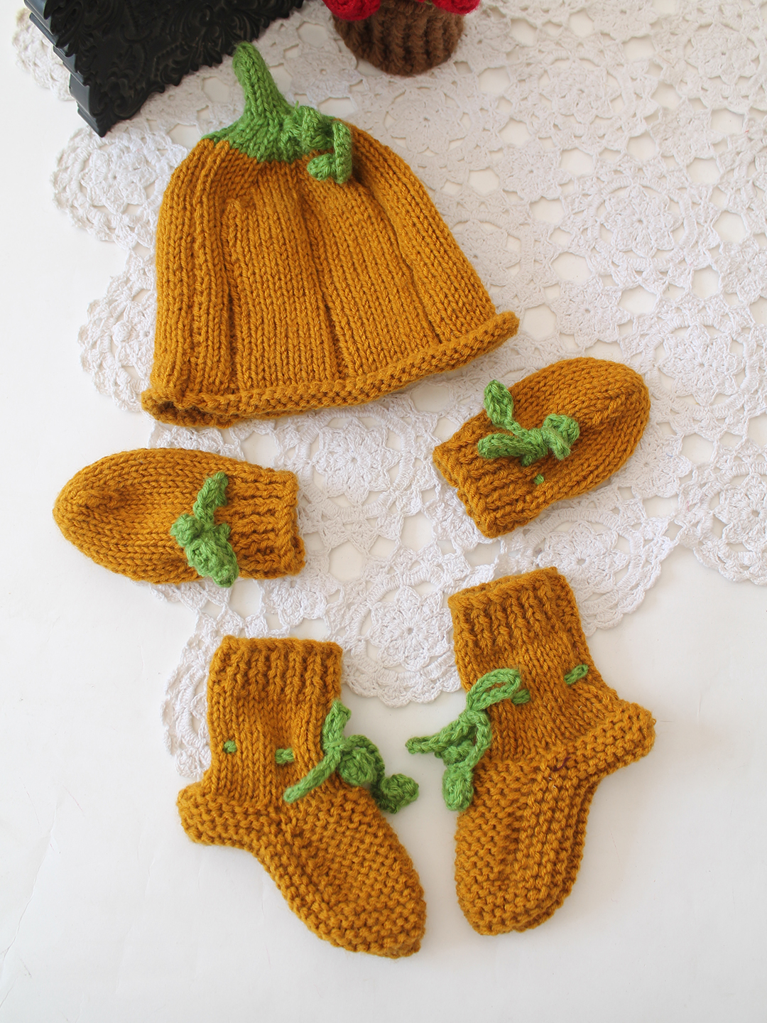 Pumpkin Cap with Matching Mittens and Socks Set - Mustard