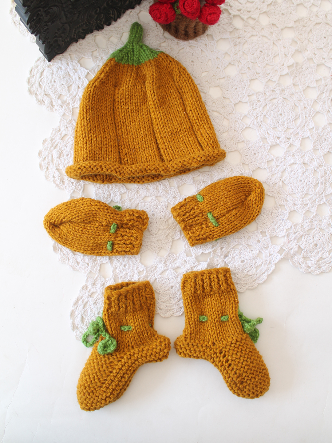 Pumpkin Cap with Matching Mittens and Socks Set - Mustard