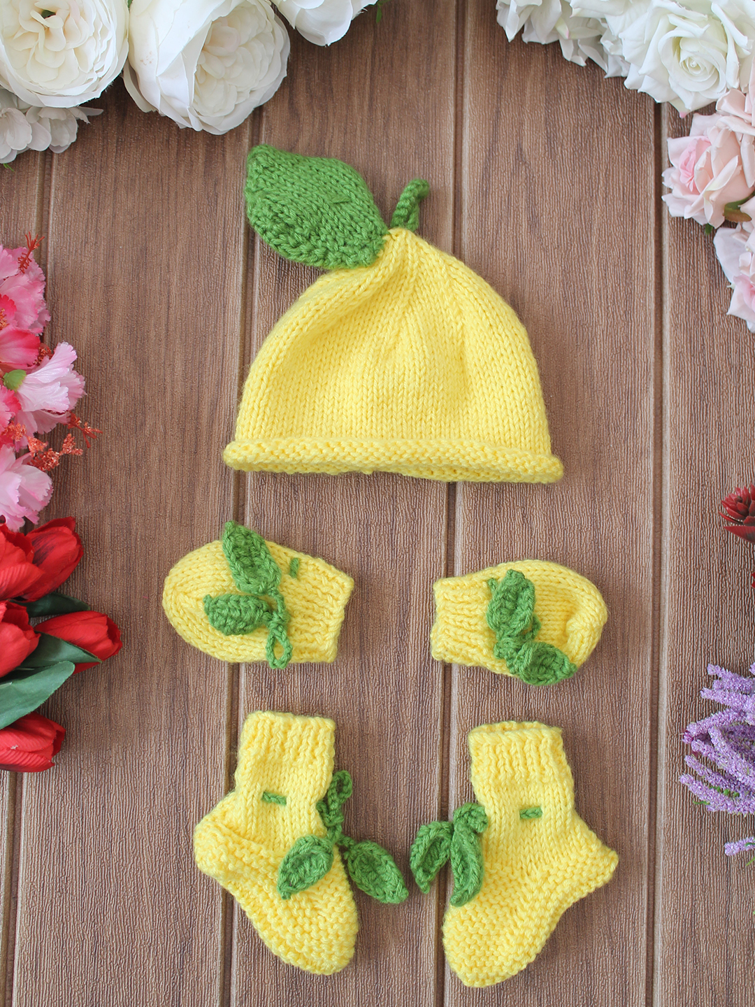 Woonie Handknitted Lemon Cap, Mittens and Socks Set - Yellow