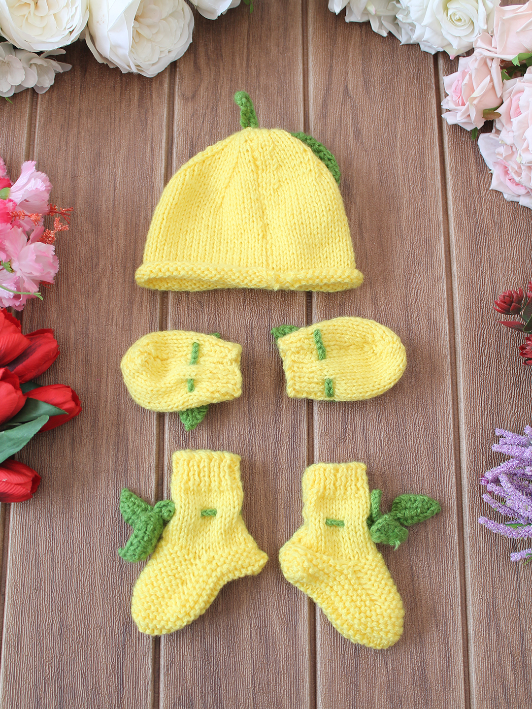 Woonie Handknitted Lemon Cap, Mittens and Socks Set - Yellow