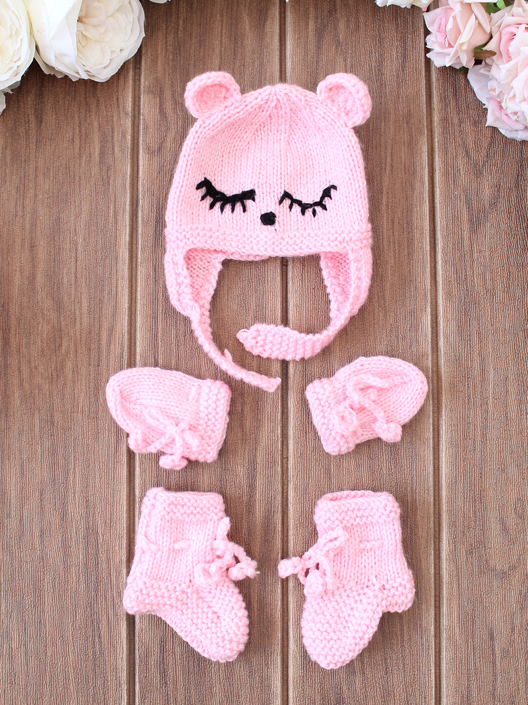 Woonie Bear Face Cap Mittens and Socks Set - Pink