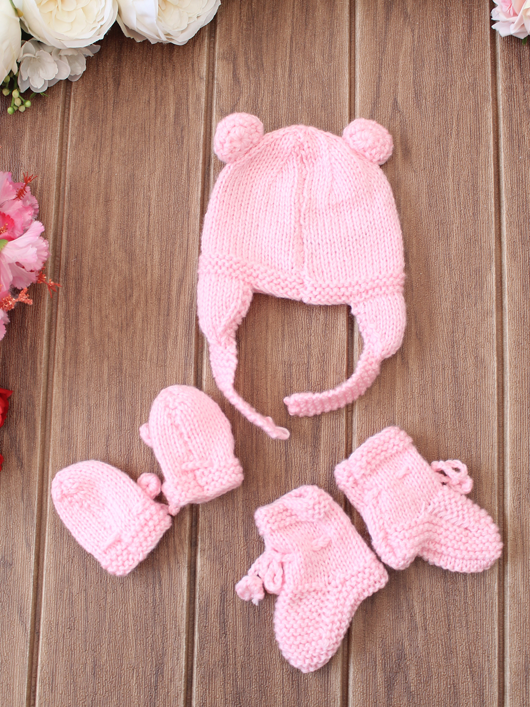 Woonie Bear Face Cap Mittens and Socks Set - Pink