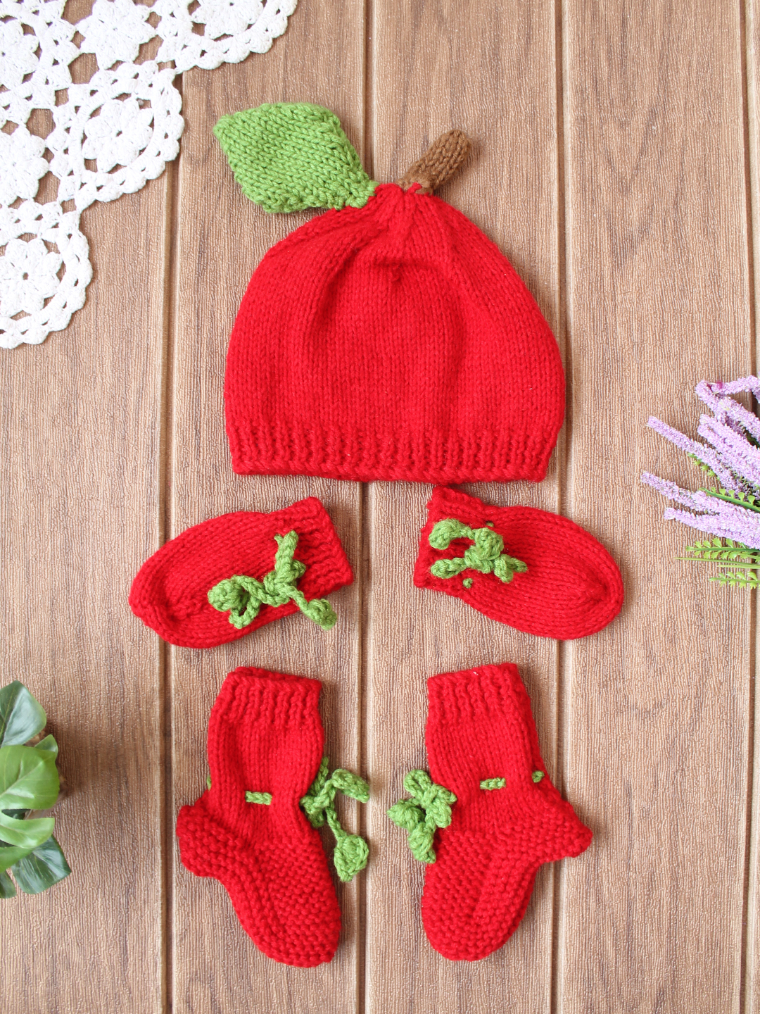 Woonie Apple Cap,Mittens and Socks Set - Red