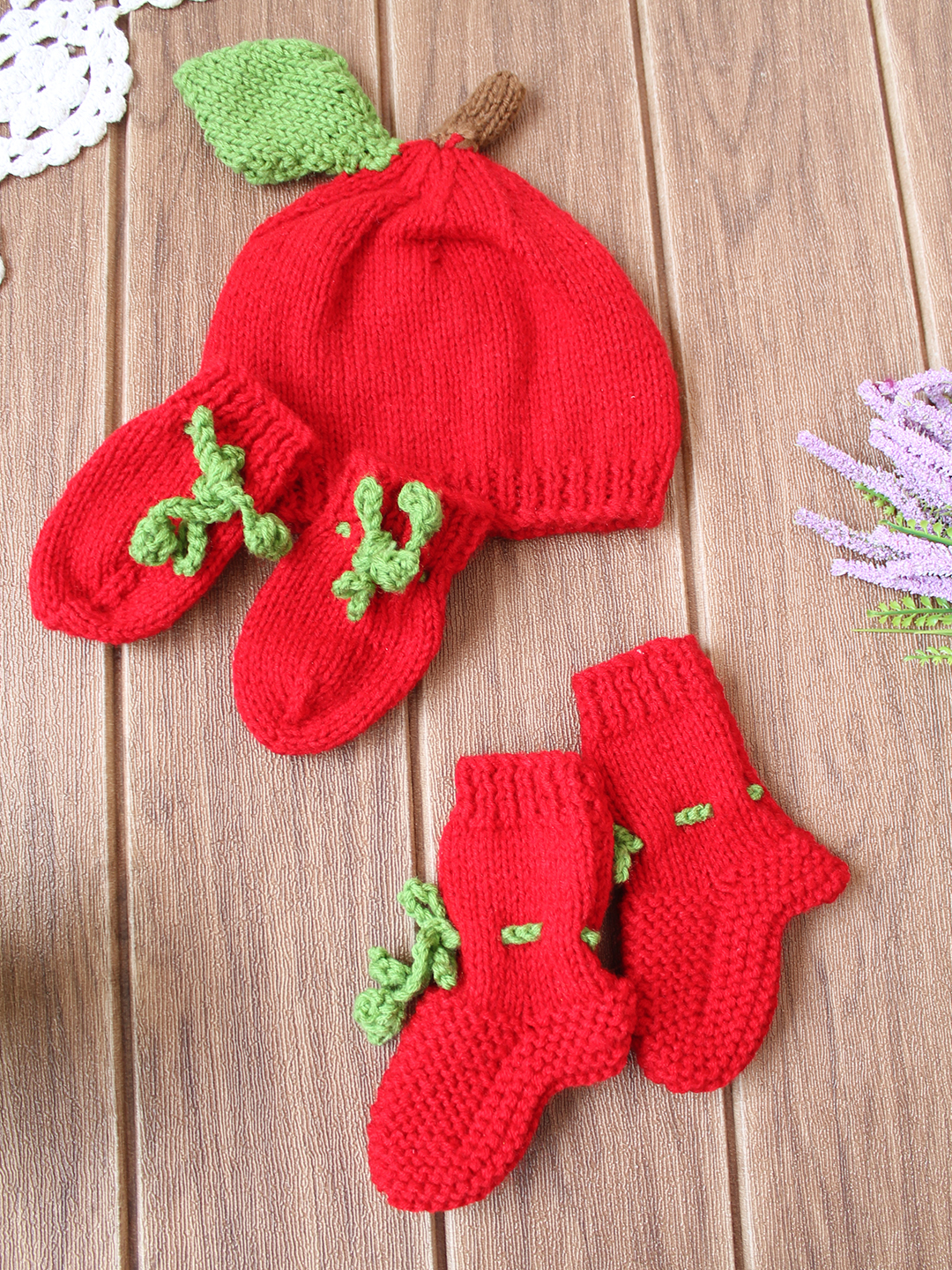 Woonie Apple Cap,Mittens and Socks Set - Red