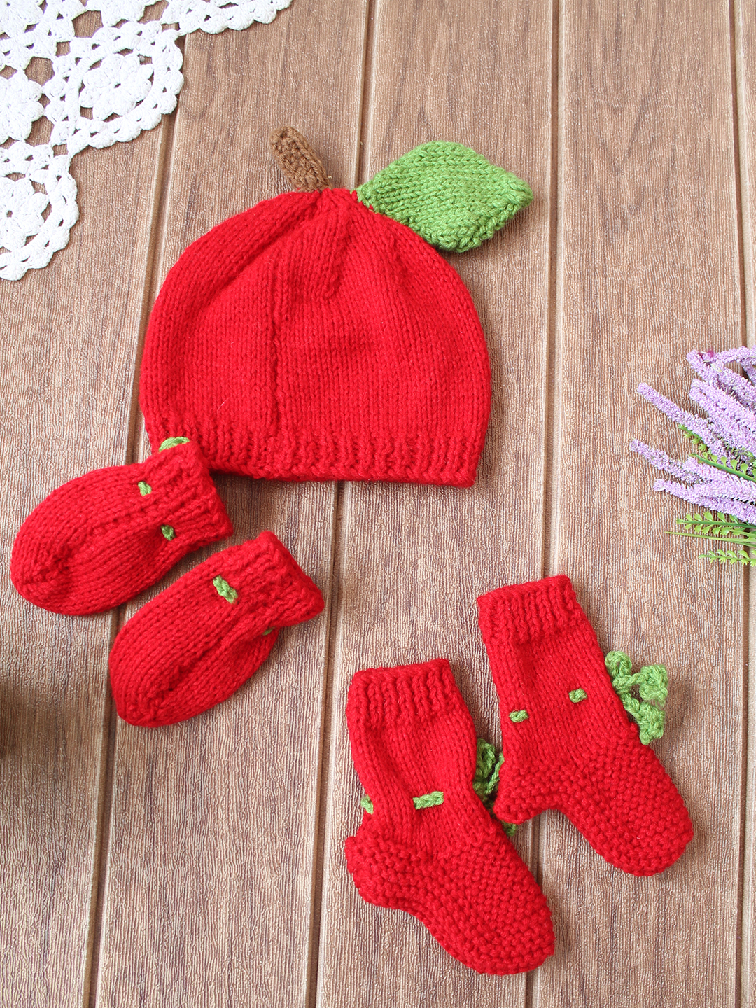 Woonie Apple Cap,Mittens and Socks Set - Red