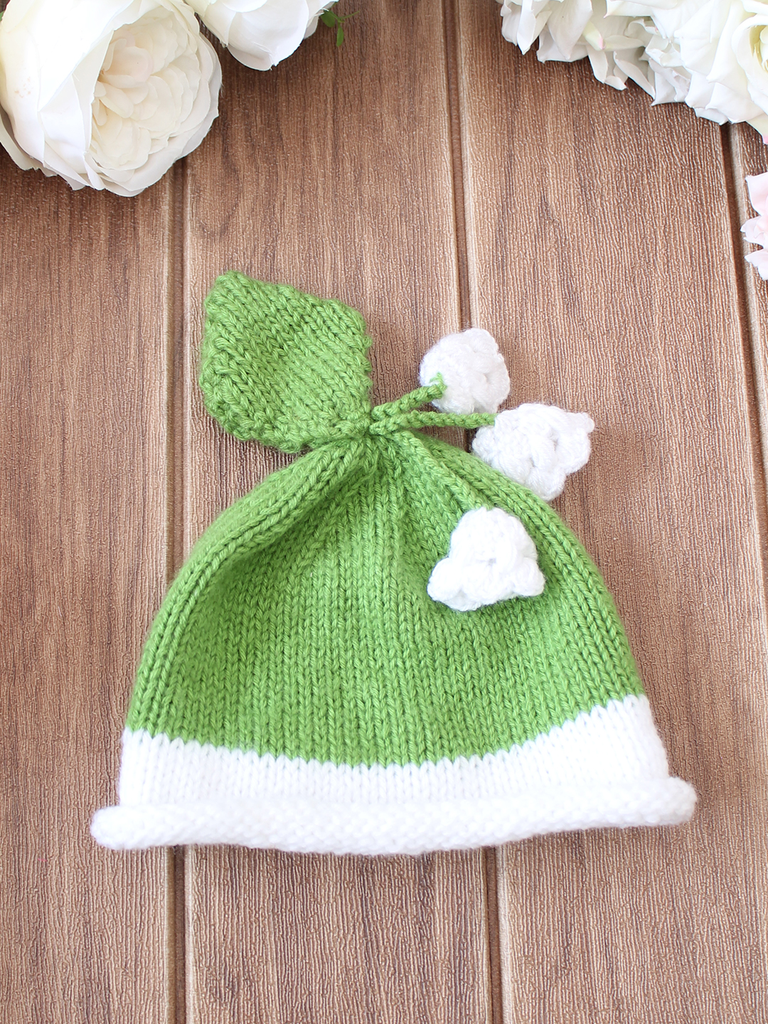 Woonie Handknitted Flower Cap Matching Mittens and Socks Set - Green