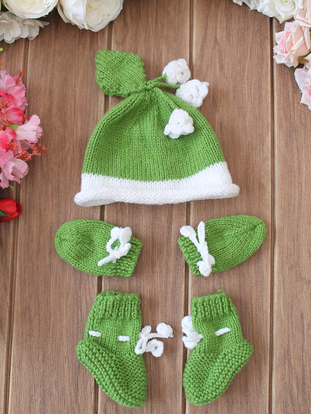 Woonie Handknitted Flower Cap Matching Mittens and Socks Set - Green