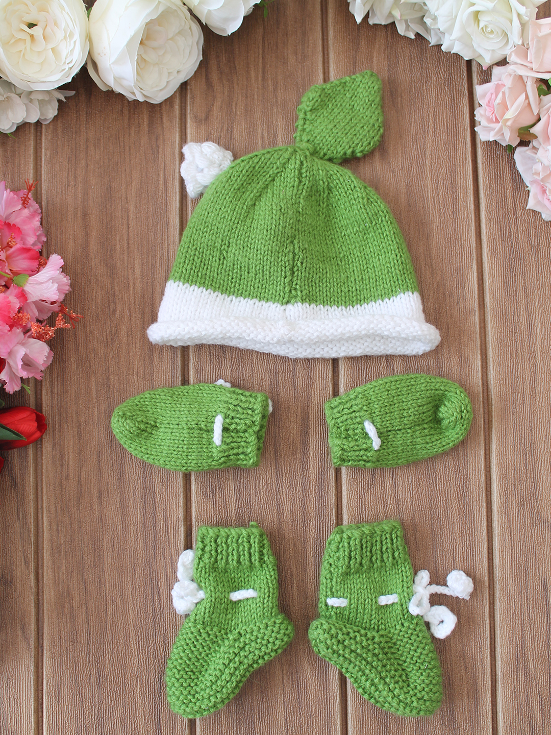 Woonie Handknitted Flower Cap Matching Mittens and Socks Set - Green