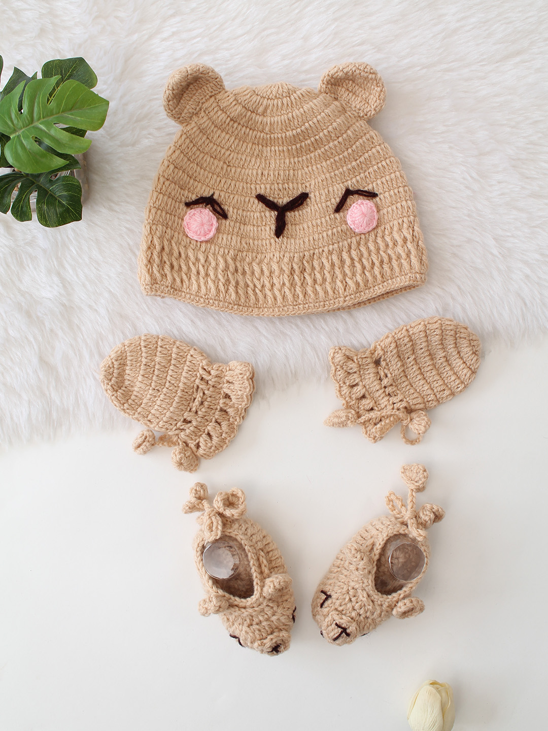 Woonie Crochet Bear Cap with Matching Mittens and Booties - Beige
