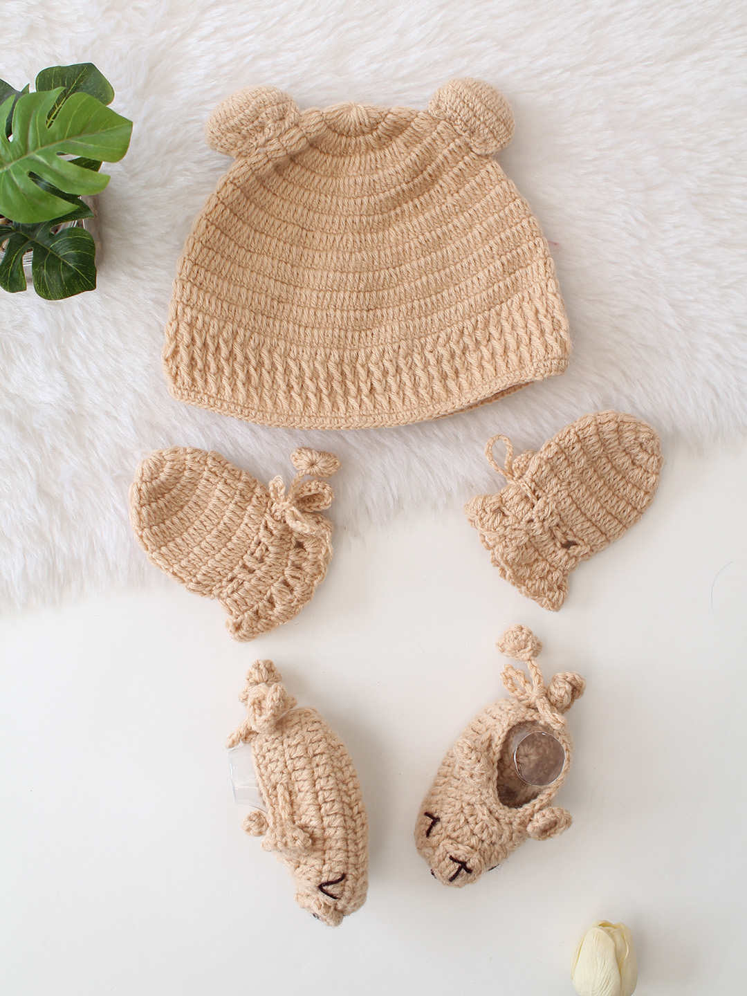 Woonie Crochet Bear Cap with Matching Mittens and Booties - Beige