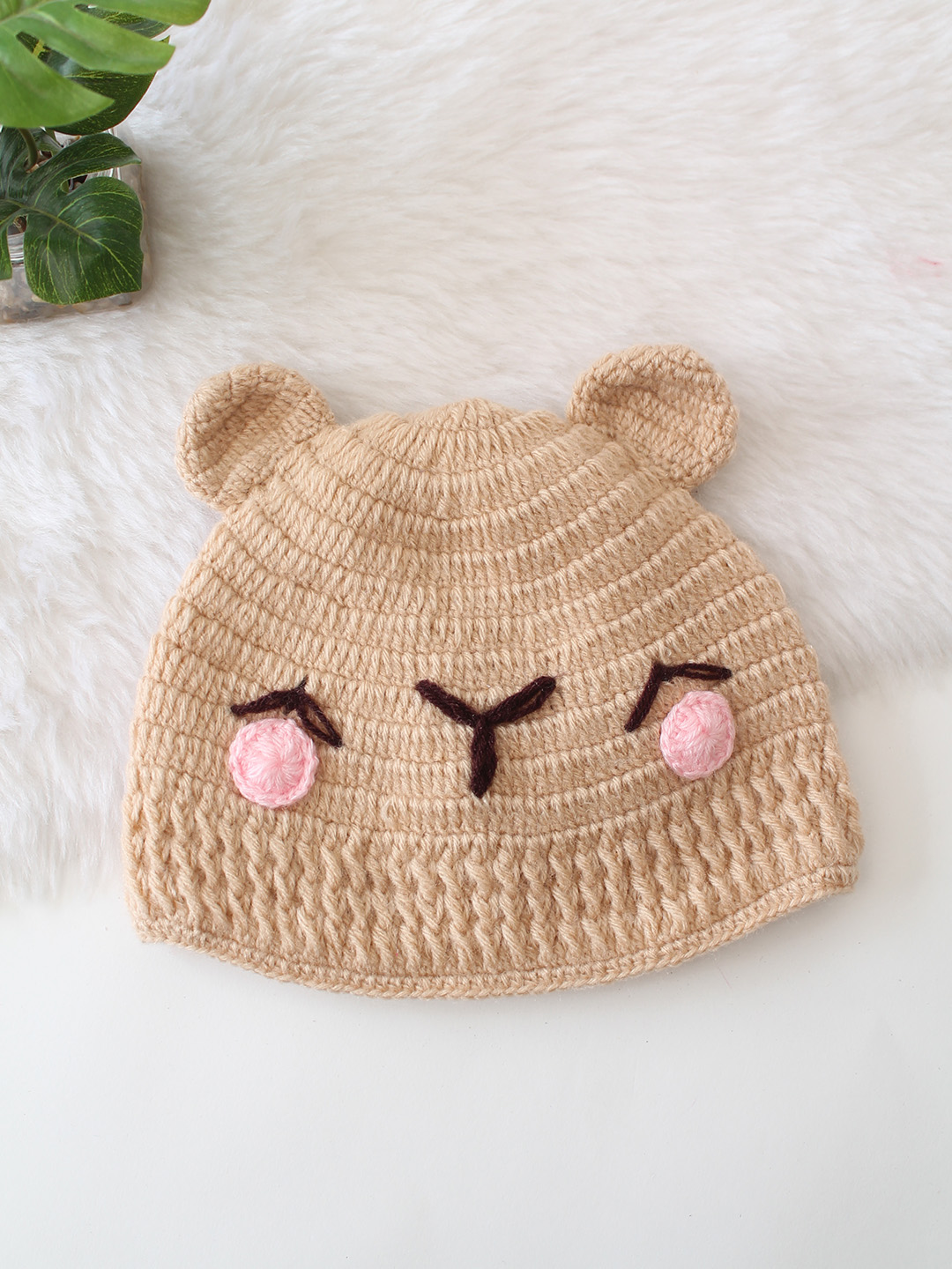 Woonie Crochet Bear Cap with Matching Mittens and Booties - Beige