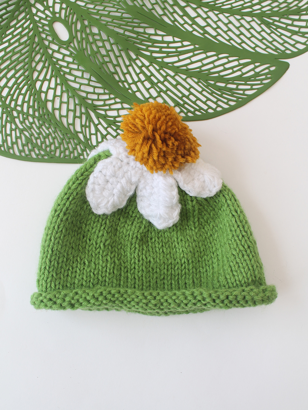 Woonie Handknitted Flower Cap Matching Mittens and Socks Set - Green