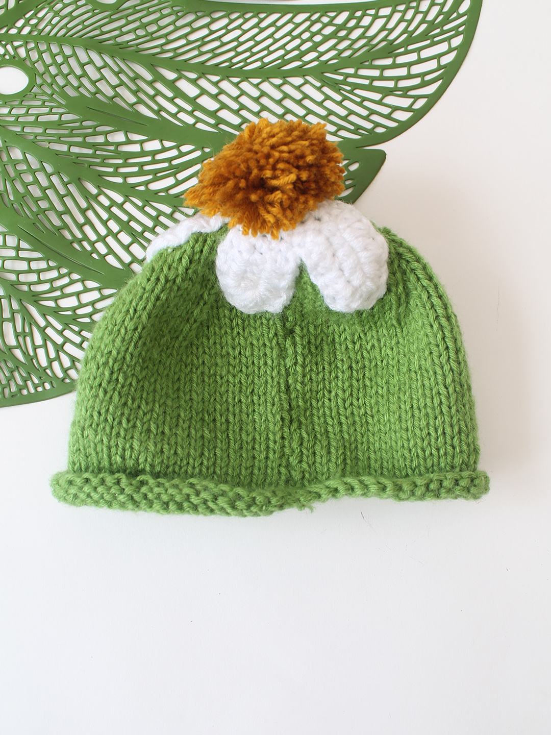 Woonie Handknitted Flower Cap Matching Mittens and Socks Set - Green