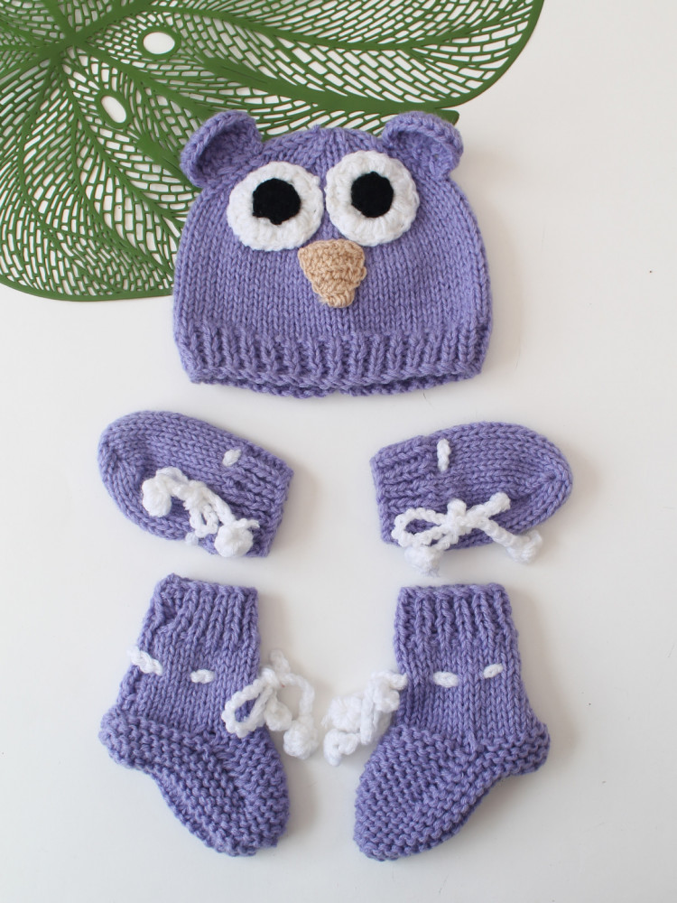 Image of Woonie Handknitted Owl Theme Cap Matching Mittens and Socks Set - Purple