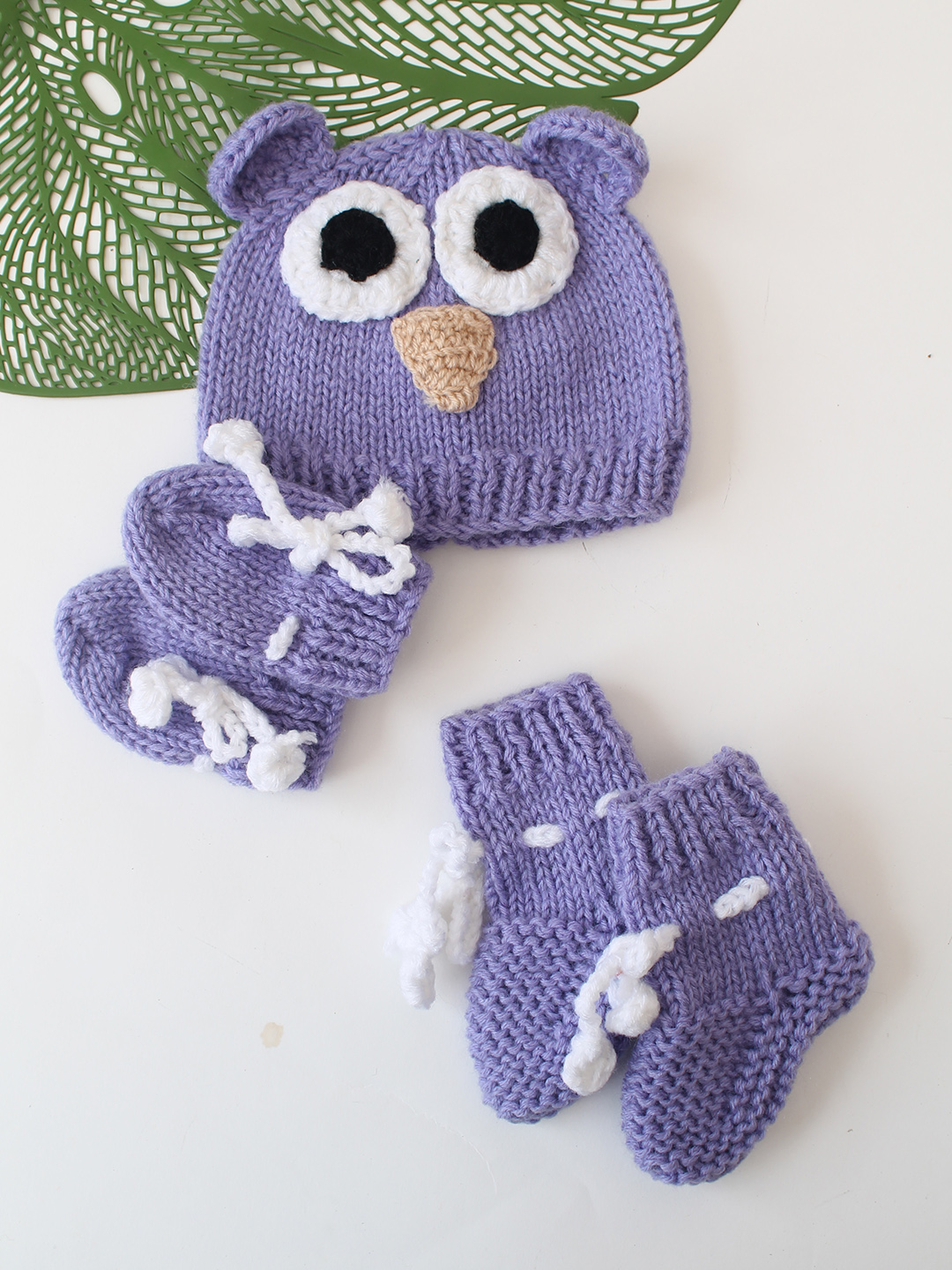 Woonie Handknitted Owl Theme Cap Matching Mittens and Socks Set - Purple