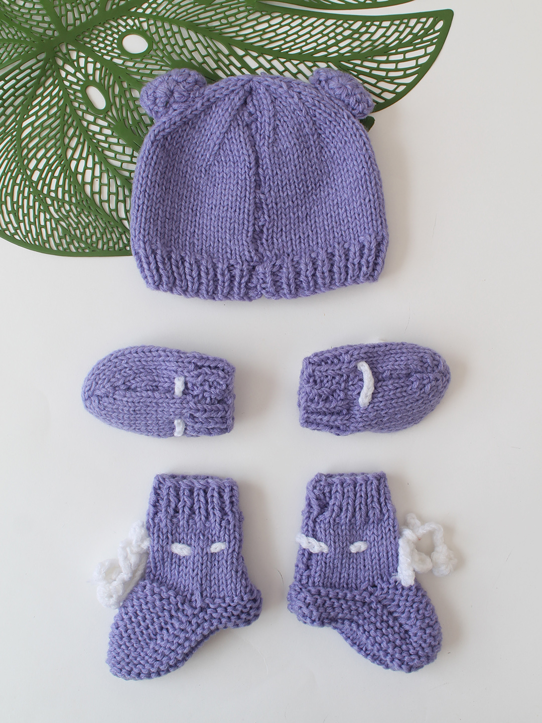 Woonie Handknitted Owl Theme Cap Matching Mittens and Socks Set - Purple