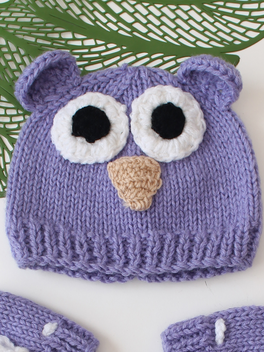Woonie Handknitted Owl Theme Cap Matching Mittens and Socks Set - Purple