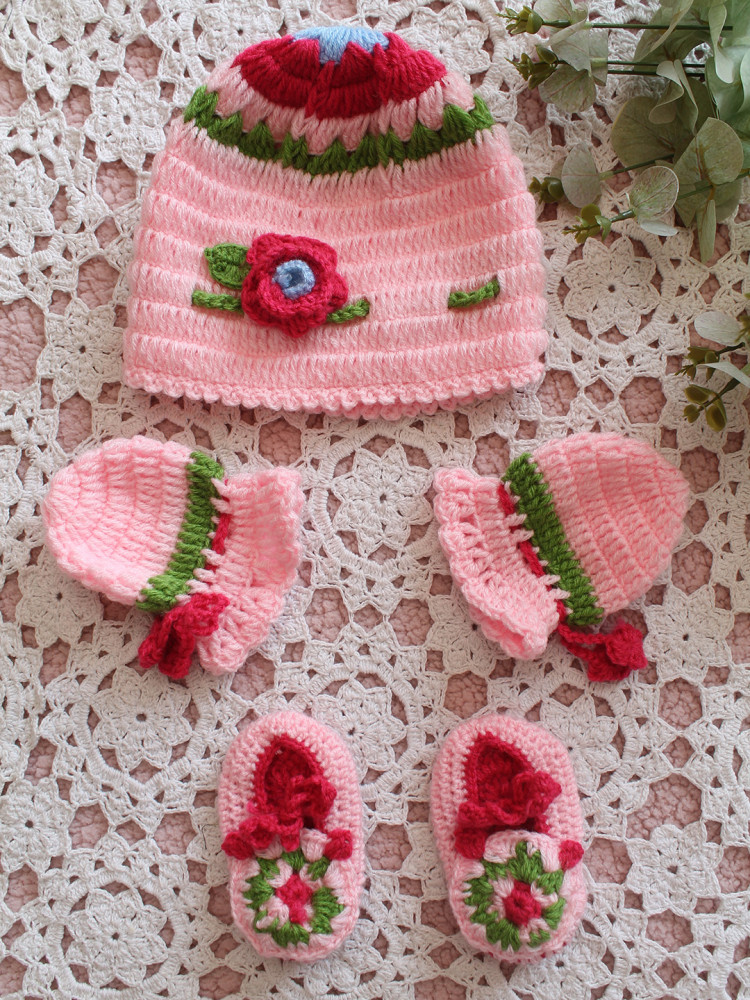 Image of Woonie Crochet Floral Cap Matching Mittens and Socks Set - Pink