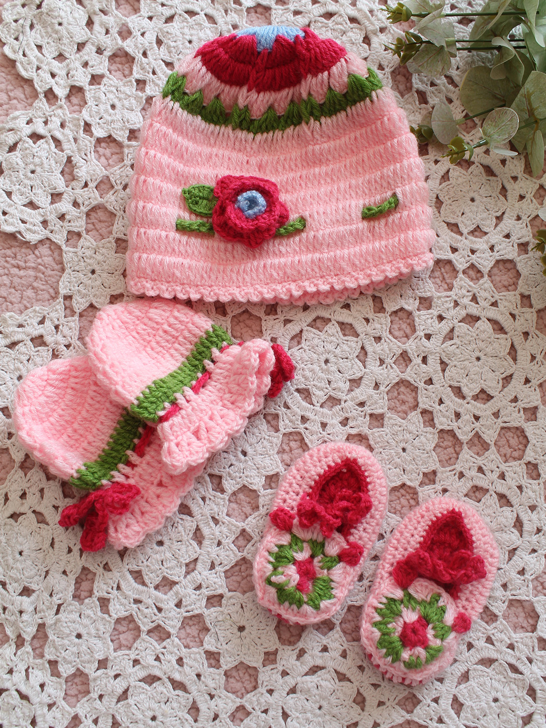 Woonie Crochet Floral Cap Matching Mittens and Socks Set - Pink