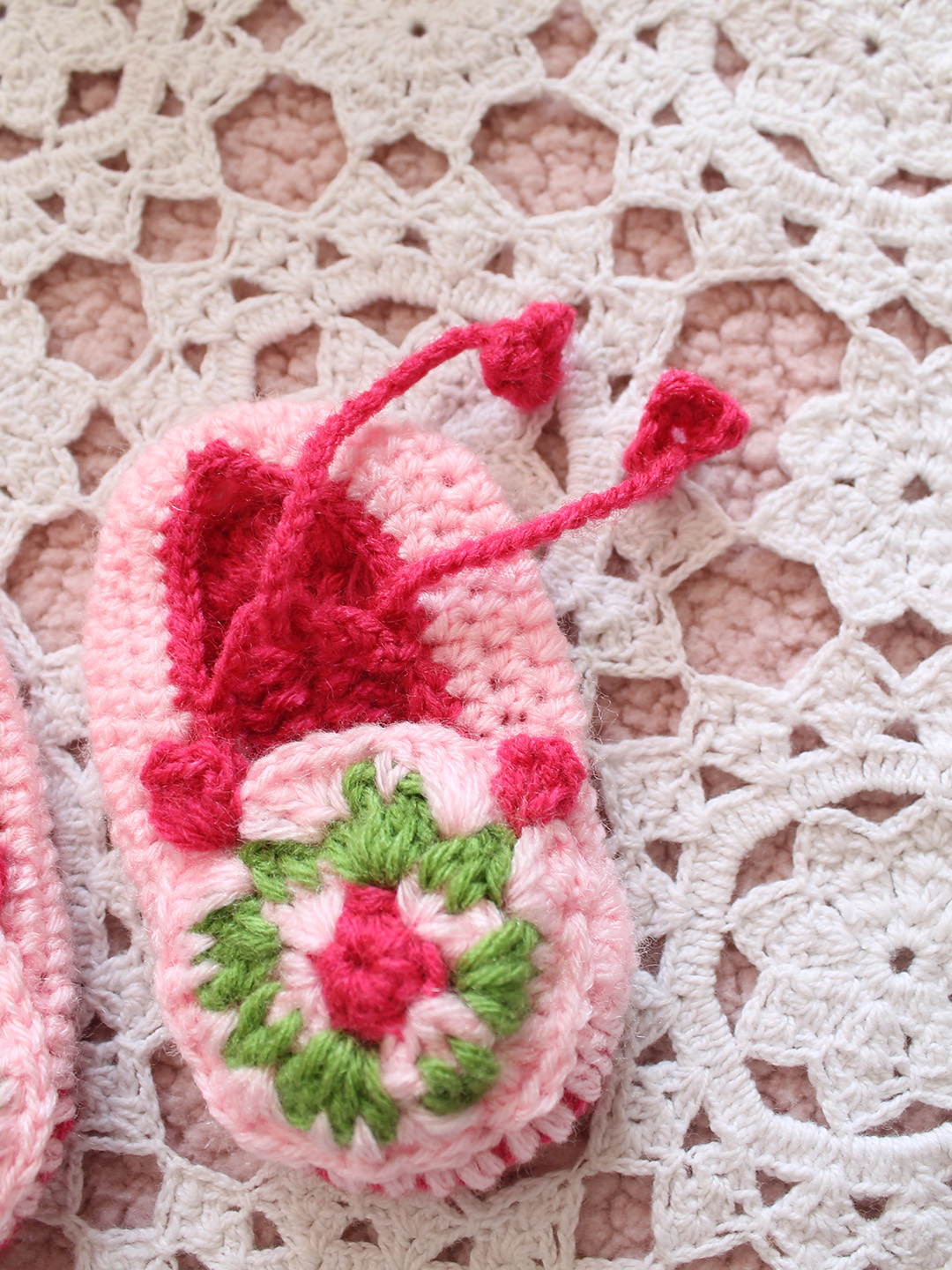 Woonie Crochet Floral Cap Matching Mittens and Socks Set - Pink