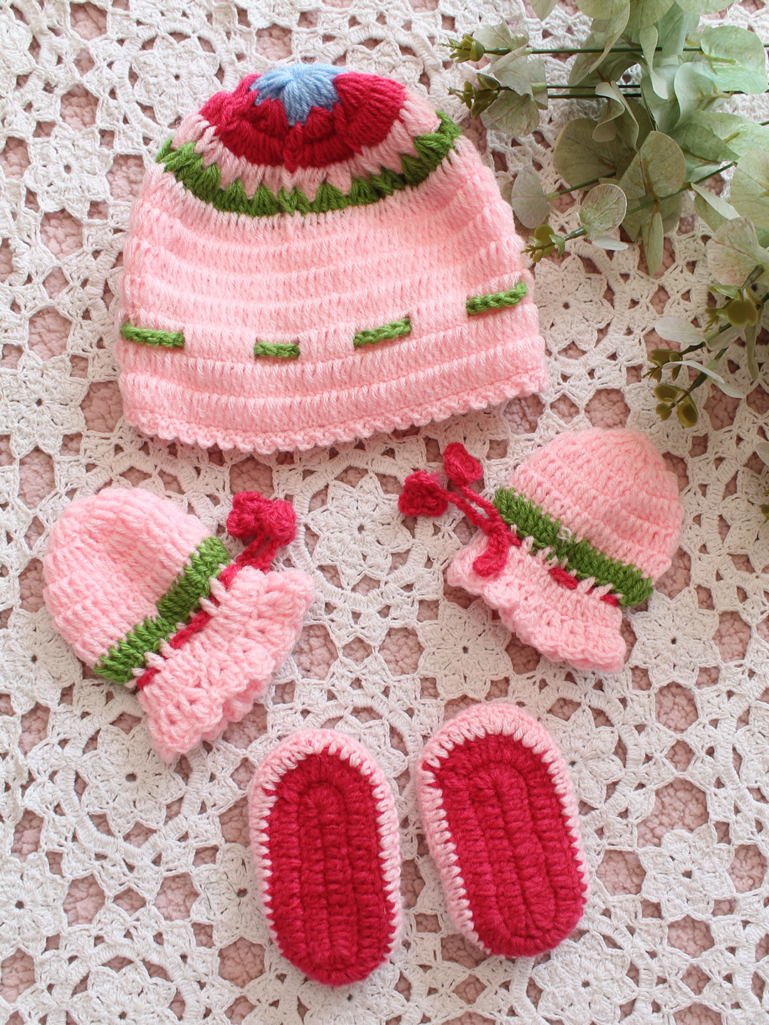 Woonie Crochet Floral Cap Matching Mittens and Socks Set - Pink