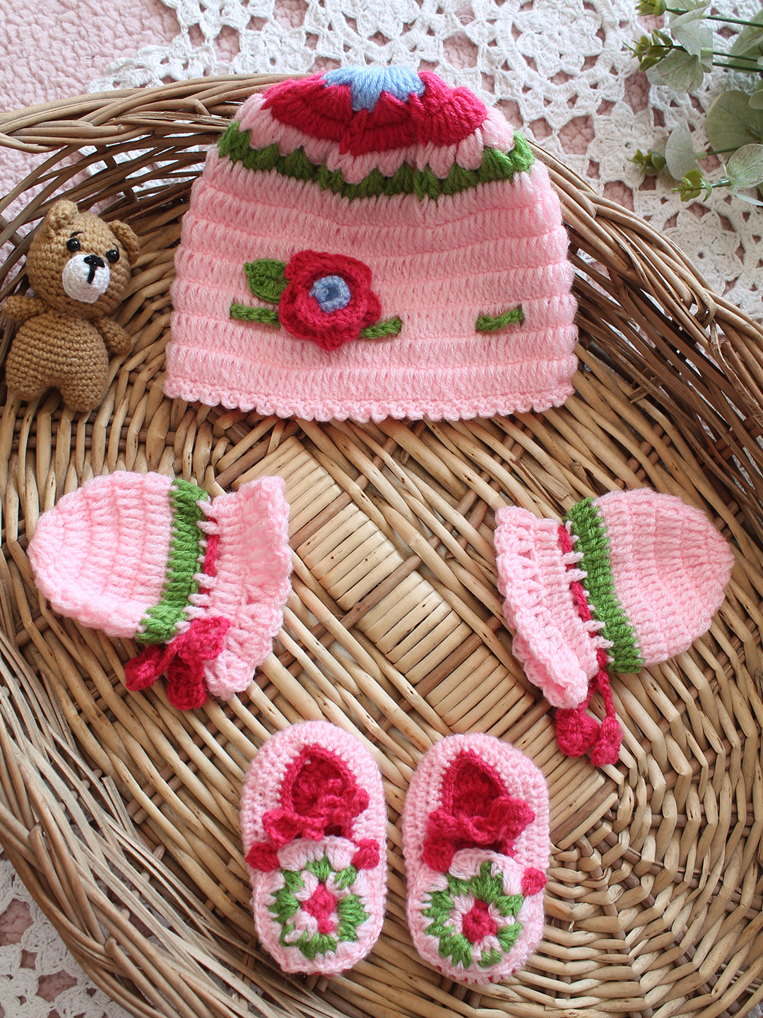 Woonie Crochet Floral Cap Matching Mittens and Socks Set - Pink